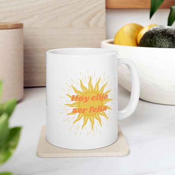 Mug - 'Hoy Elijo Ser Feliz' Empowering Quote Ceramic Mug, 11oz/15oz - Picture 4 of 7